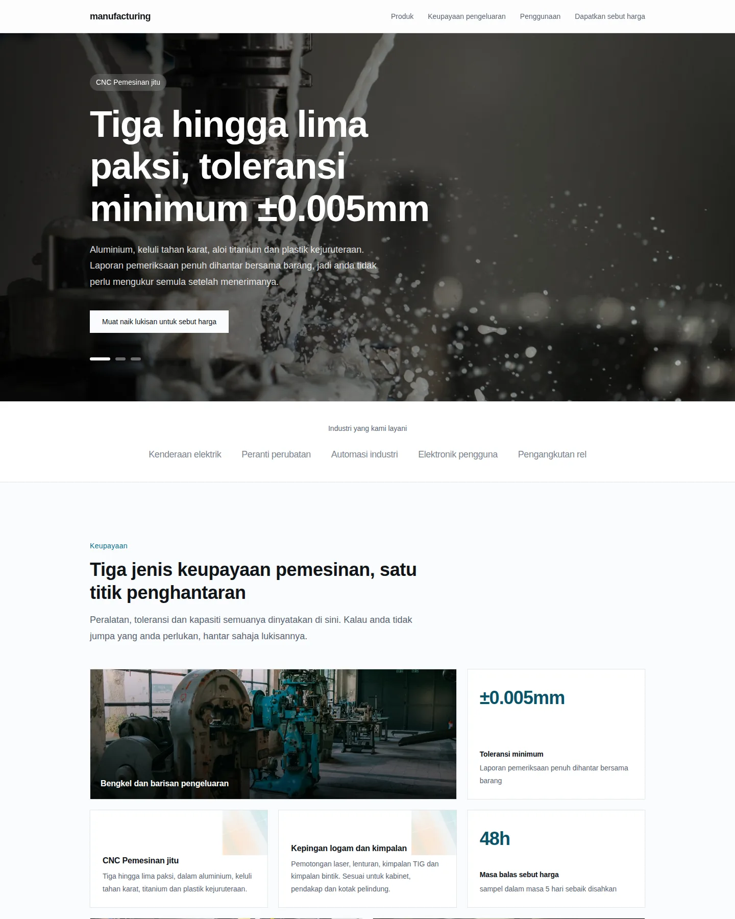 Tangkapan skrin laman utama Laman produk pembuatan