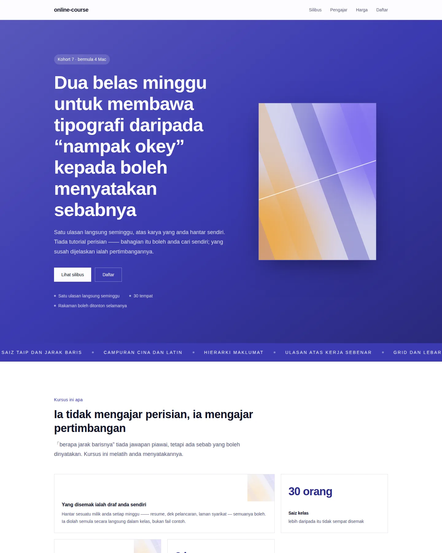 Tangkapan skrin laman utama Kursus dalam talian & kohort