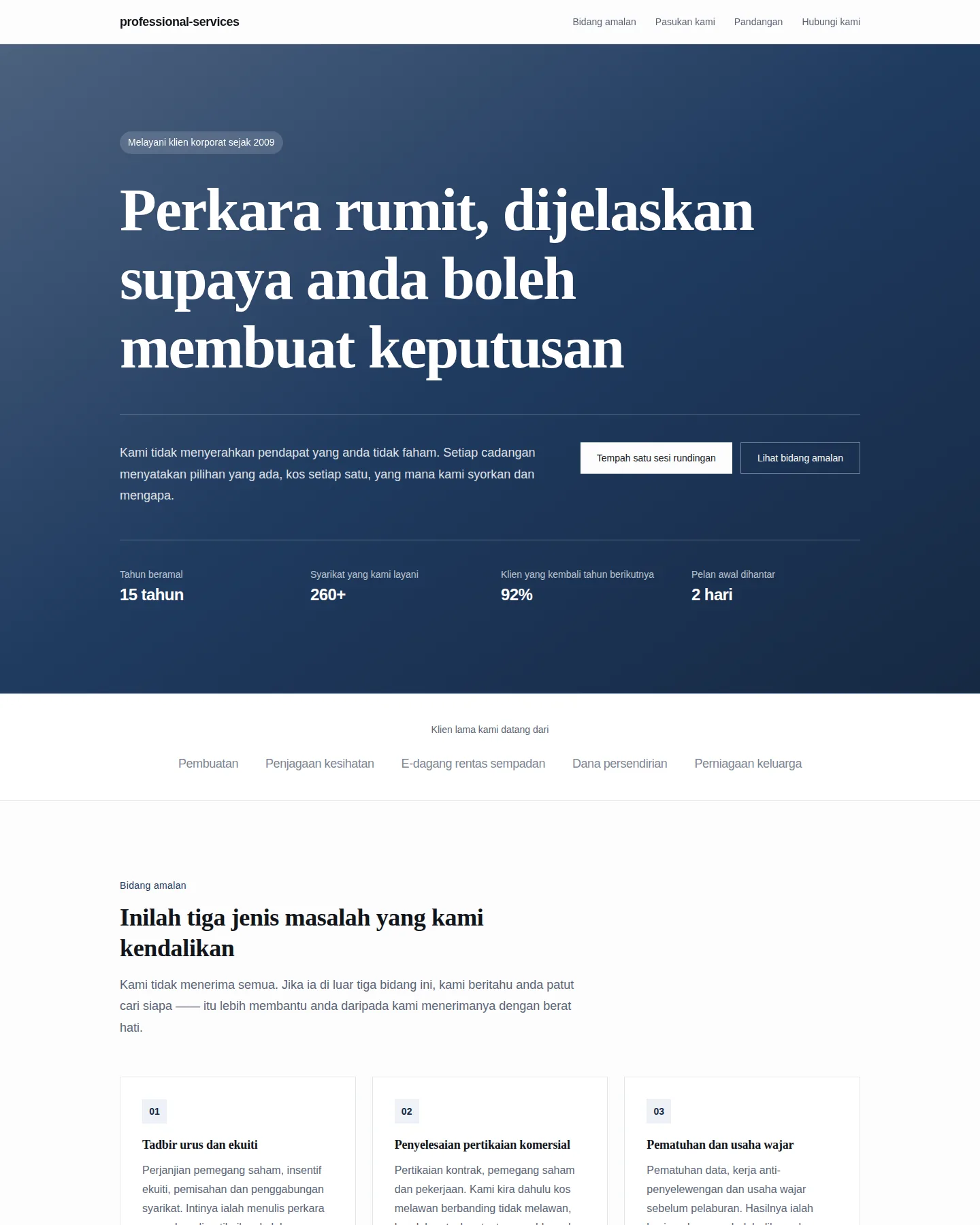 Tangkapan skrin laman utama Firma perkhidmatan profesional