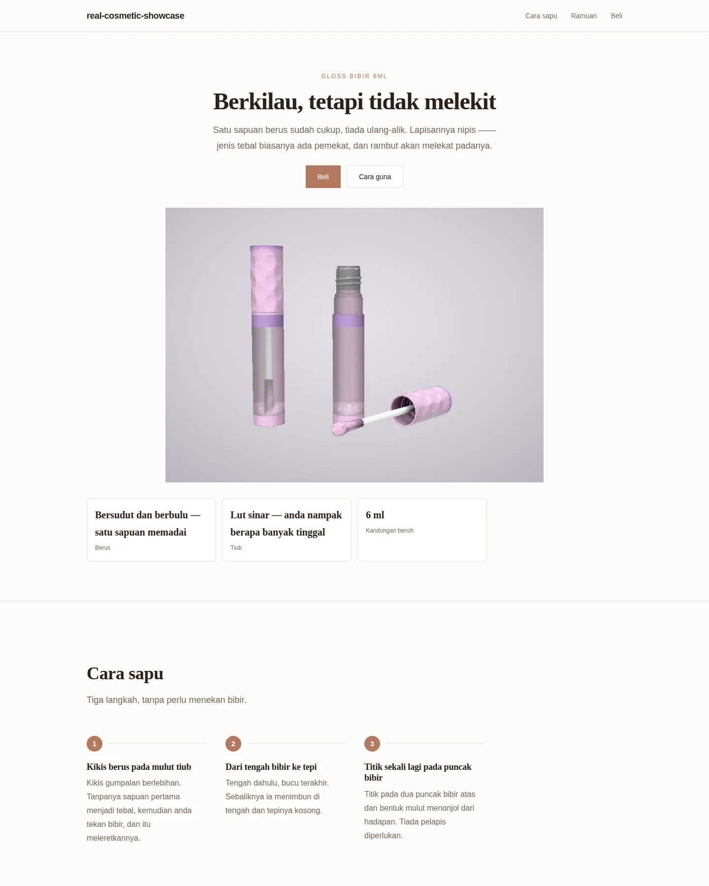 Tangkapan skrin laman utama Halaman produk kecantikan sebenar