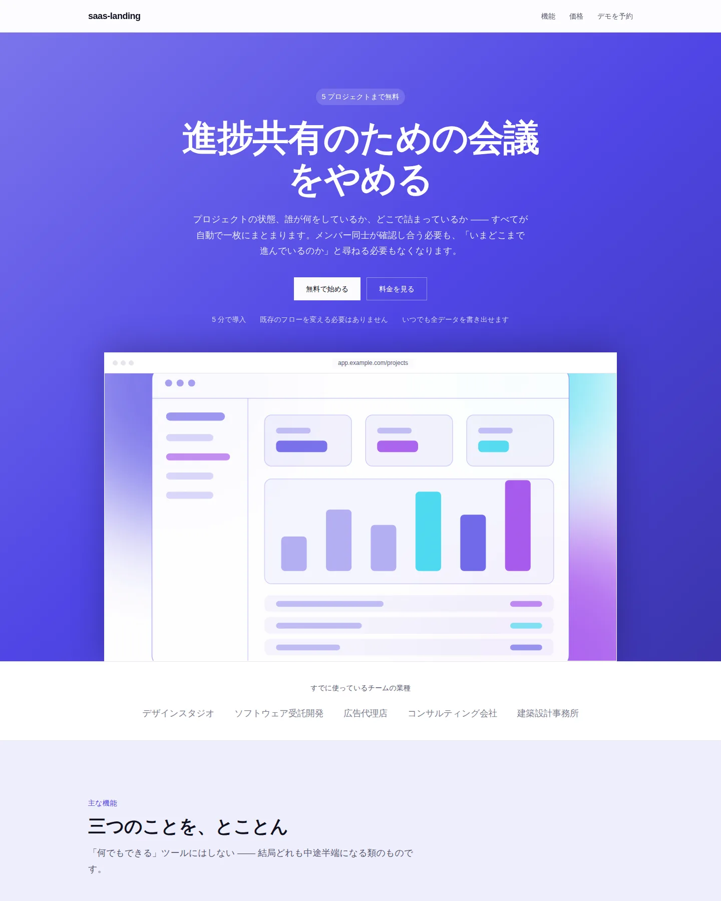 SaaS 製品のランディングページ のトップページのスクリーンショット