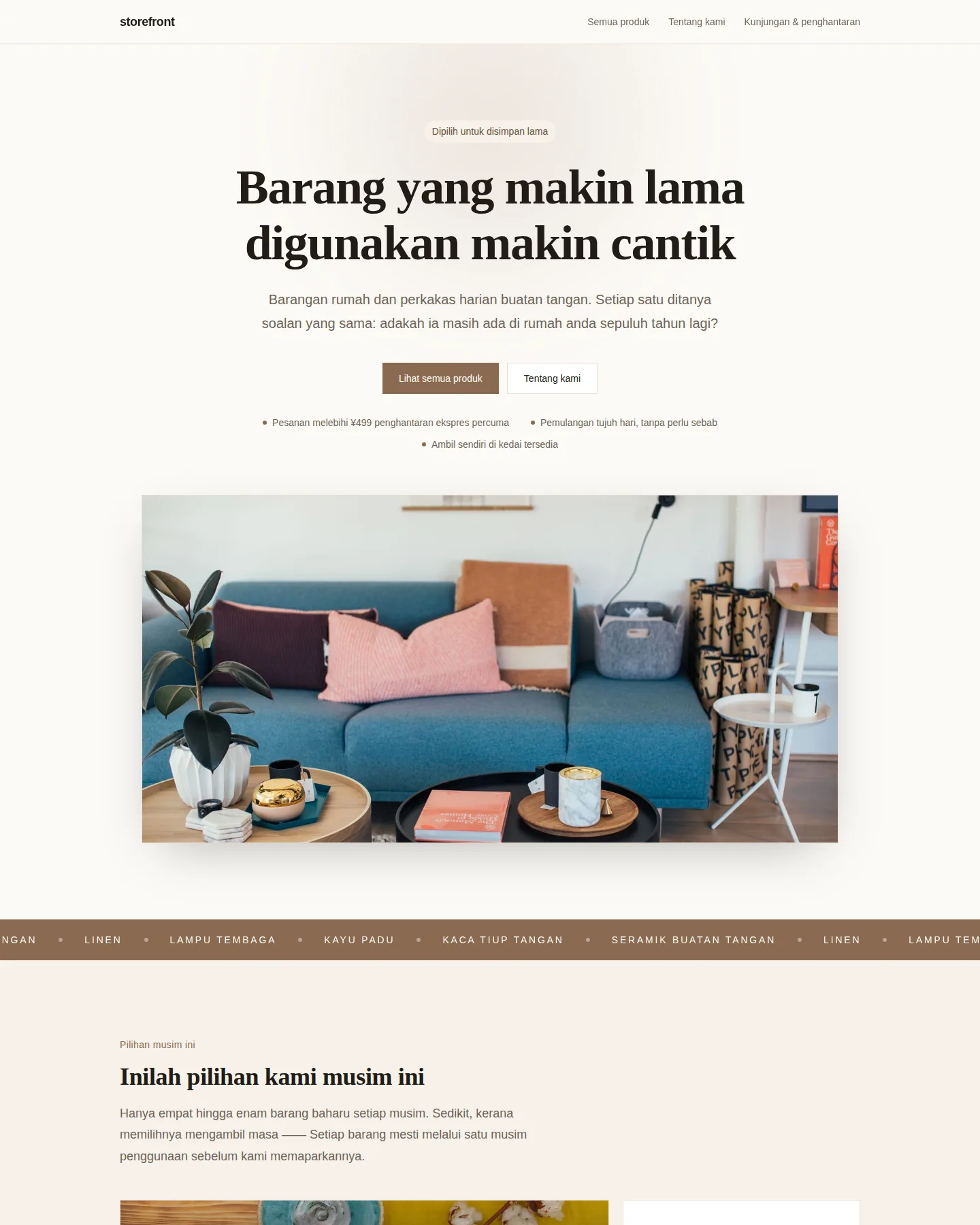 Tangkapan skrin laman utama Kedai pilihan buatan tangan