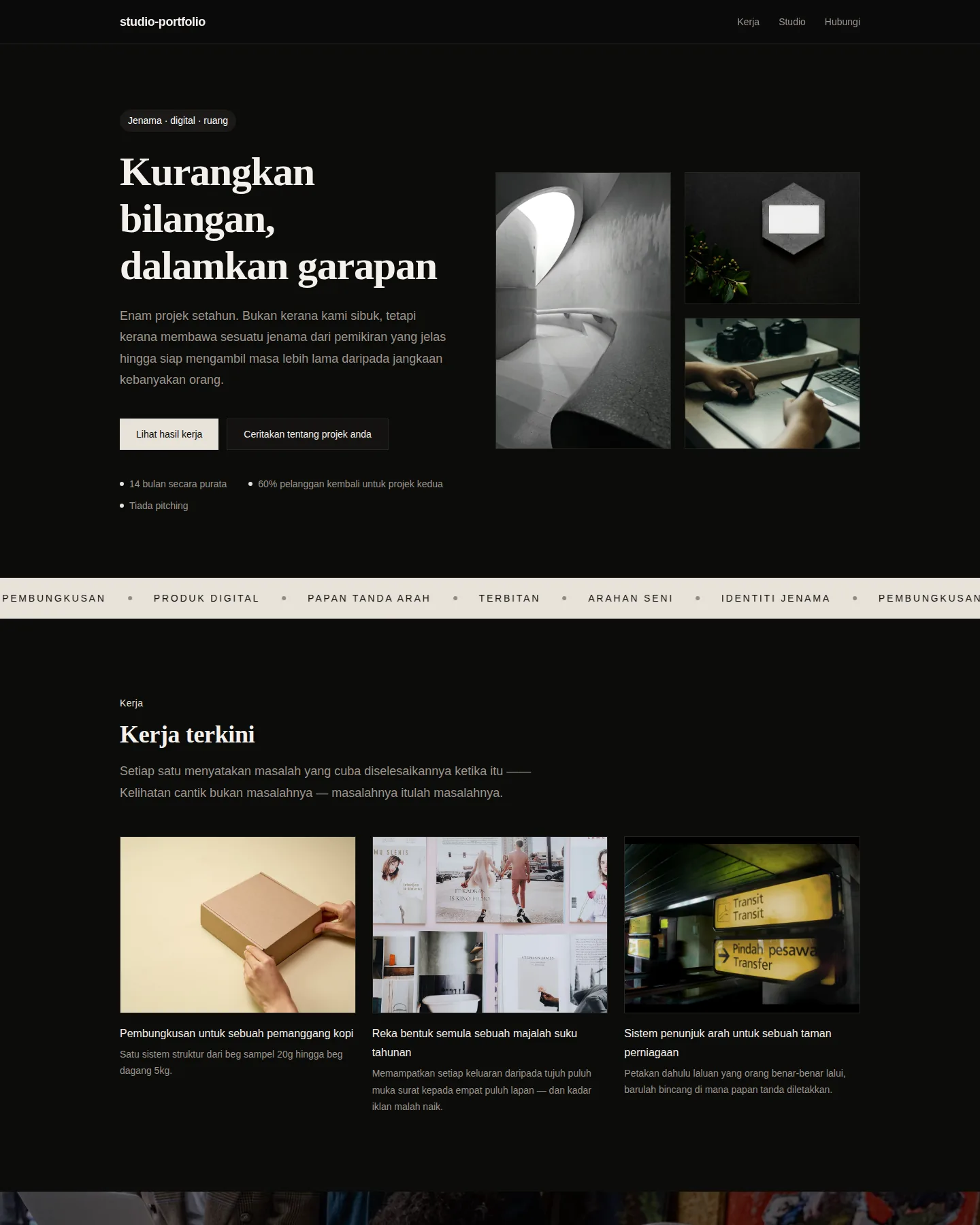 Tangkapan skrin laman utama Portfolio studio reka bentuk
