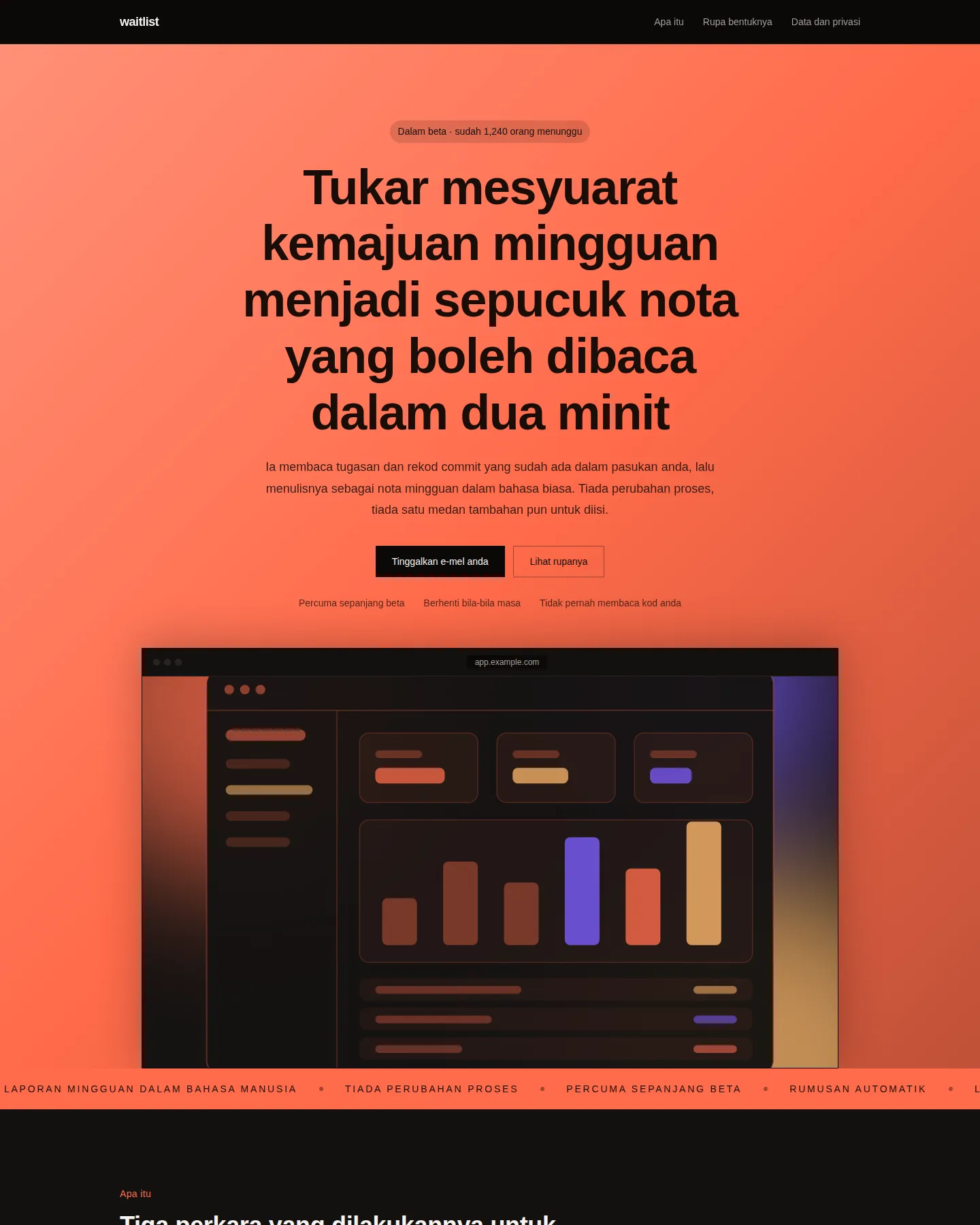 Tangkapan skrin laman utama Senarai menunggu pra-pelancaran